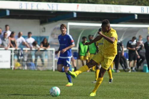 Enfields Karl Oliyide scuffs a shot just before half time