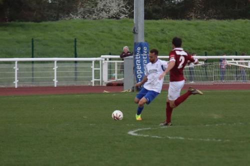After Bognors keeper Dan Lincoln had been caught upfield, Scott Shulton aims for the empty net but miscues horribly