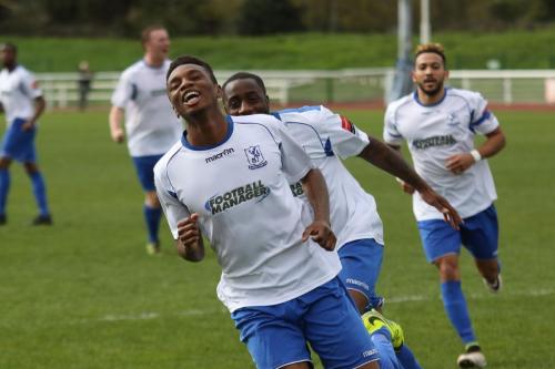 Karl Oliyide celebrates his goal