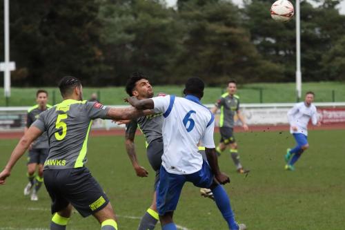 Havants Jordan Rose (5) and Theo Lewis and Enfields Percy Kiangebeni
