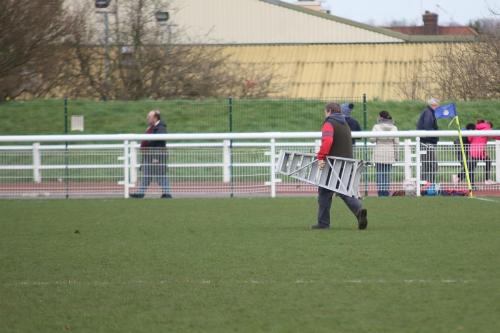 The start of the second half was delayed for repairs to a goal net
