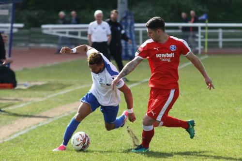 Enfields Tyler Campbell (L) and Leistons Jack Ainsley