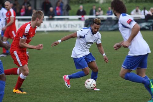 Leistons Armani Schaar and Enfields Tyler Campbell and Harry Ottaway (R)