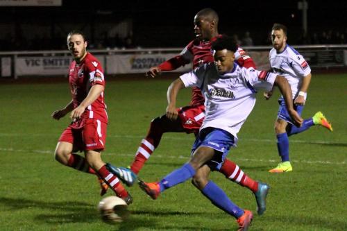 Enfields Dernell Wynter shoots against the far post
