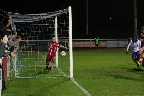 Jack Parter cant reach Mark Kirbys header before it crosses the Tonbridge goal line