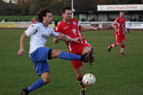 Tonbridges George Beavan (R) blocks Harry Ottaways cross