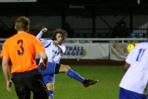 Enfields Harry Ottaway shoots against the post  Billericay scored their second goal from the clearance