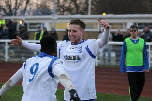 Billy Crook (R) and Bobby Devyne celebrate the second goal