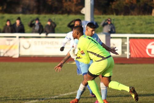 Grays keeper Amadou Tangara comes off his line to collect the ball