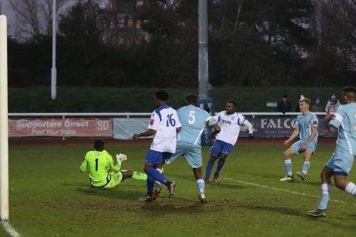 Grays keeper Amadou Tangara saves from Bobby Devyne