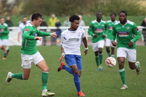 Leatherheads Joe Howe (L) and Jerry Nnamani and Enfields Dernell Wynter