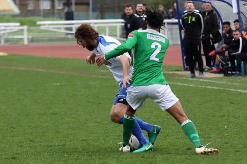 Leatherheads Yannis Ambroisine (R) and Enfields Harry Ottaway