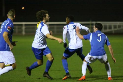 Lowestofts Ross Jarvis (L) and Travis Cole and Enfields Harry Ottaway (2nd L) and Bobby Devyne