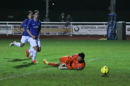 Tyler Campbells shot beats Lowestoft keeper Jamie Waite before going in off the post