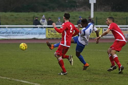 Possibly the key moment of the game  Enfields Karl Oliyide produces a good save from Merstham keeper Josh Smith  Within a minute Merstham scored to go 2-1 up