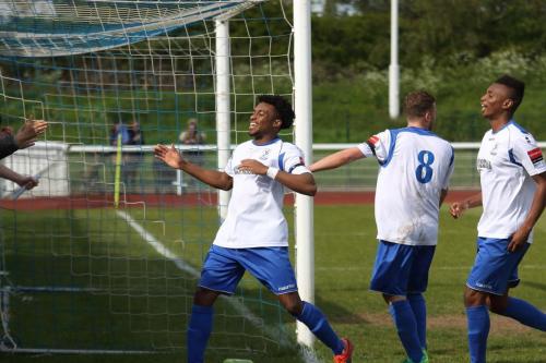 Enfields Dernell Wynter, Billy Crook (8) and Karl Oliyide (R) celebrate Wynters goal
