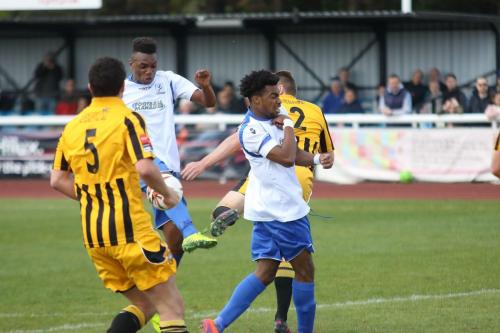 Folkestones Callum Davies (2) blocks Karl Oliyides shot but the ball rebounds to Harry Ottaway (out of picture) to score the second goal