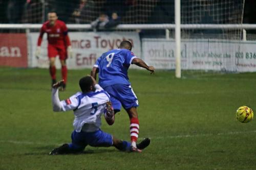 Enfields Harold Joseph tackles Reece Dobson