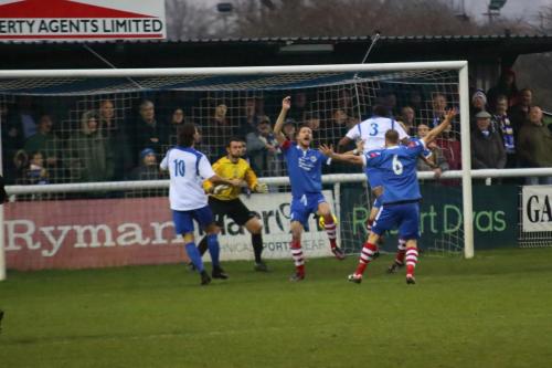 Enfields Ricky Gabriel (3) heads the ball down but straight at keeper Danny Gay