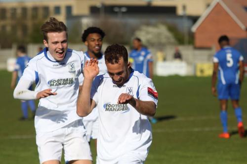 Scott Shulton (R) celebrates the first of his two goals