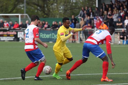 Enfields Bobby Devyne and Harlows Craig Pope (L) and Ibrahima Sonko