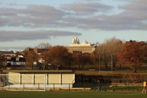 The view of the Shree Swaminarayan Mandir temple across Silver Jubilee Park