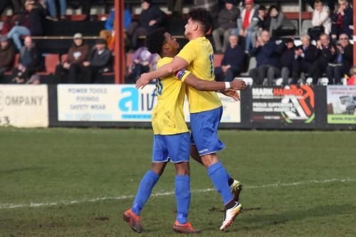 Dernell Wynter (L) and Samir Bihmoutine celebrate Bihmoutines goal