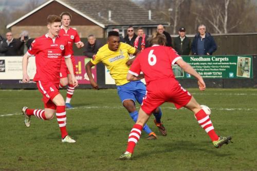 Needhams Keiran Morphew (6) tries to block Karl Oliyides shot but only succeeds in scoring a first-minute own goal