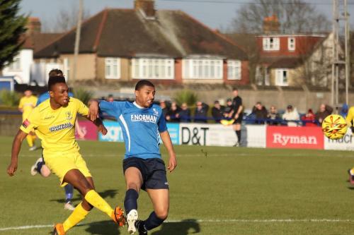 Enfields Karl Oliyide (L) holds off Tanasheh Abrahams and gets his shot away