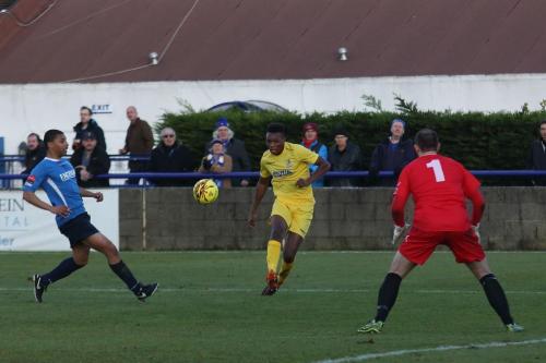 Enfields Karl Oliyide puts the ball in the net but is ruled offside