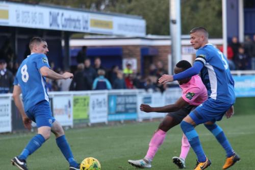Billericays Danny Waldren (L) and Paul Konchesky and Enfields Ryan Blake