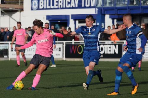 Enfields Sam Youngs (L) and Billericays Danny Waldren and Paul Konchesky (R)
