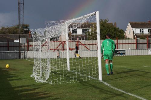 Brightlingseas Sam Cowler watches Ryan Blakes header fly past the post
