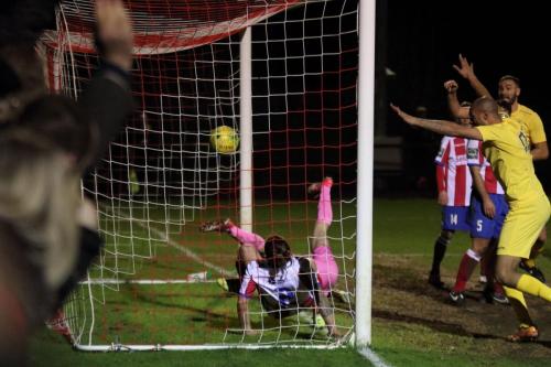 Dorkings Jerry OSullivan cant stop Junior Mubiayis shot making it 2-218