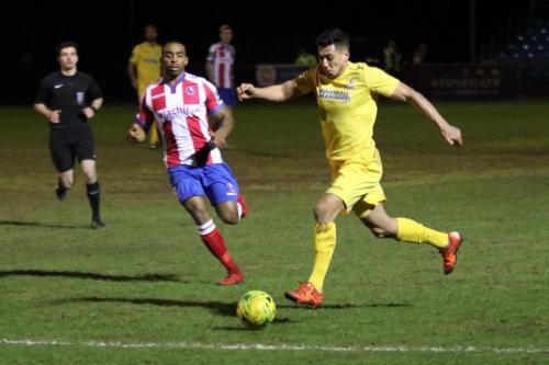 Enfields Samir Bihmoutine (R) and Dorkings Jerome Beckles