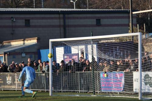 Dulwich keeper Preston Edwards watches as Sam Youngs header hits the post
