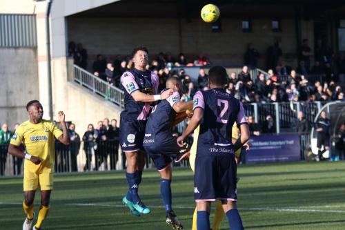 Dulwichs Nathan Green (3) and Rickie Hayles challenge at a set piece watched by Ryan Blake (L) and Quade Taylor