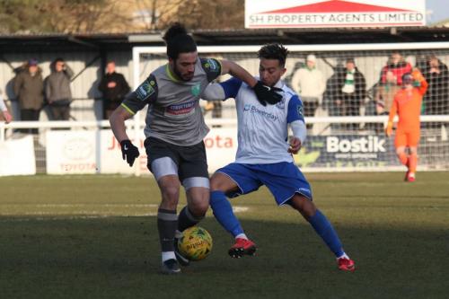 Leatherheads Dan Gallagher (L) and Enfields Tyler Campbell