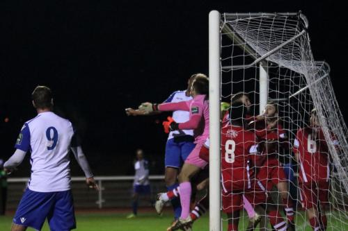 A scramble in the Tonbridge box on the stroke of half-time ends with the ball passing just wide