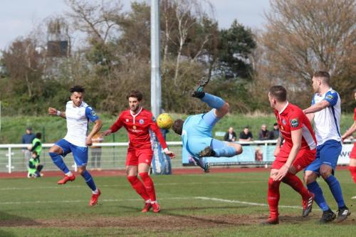 Sam Youngs header beats Billericay keeper Alan Julian but is cleared by the defence38