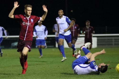 Wingates Jake Eales (L) pleads his innocence after bringing down Elliot Benyon