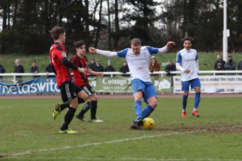 Enfields Brad Wadkins shoots from six yards out but the shot is cleared off the line