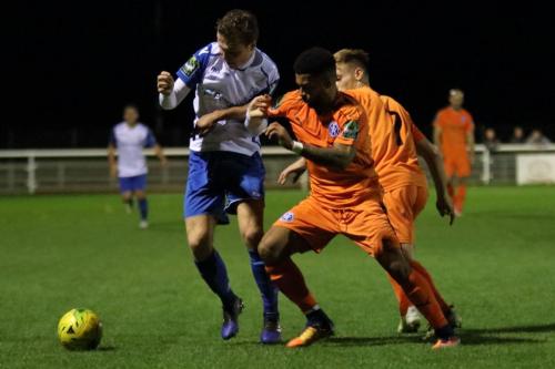 Enfields Mickey Parcell and Leistons Seb Dunbar and Byron Lawrence (R)