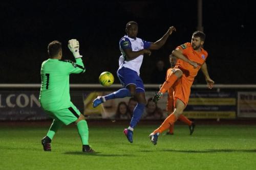 Enfields Ryan Blake tries to flick the ball past keeper Marcus Garnham