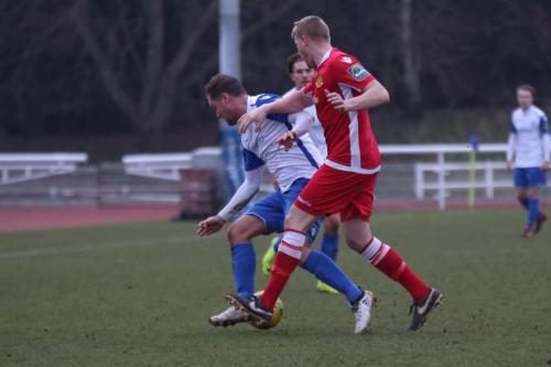 Enfields Liam Hope (L) and Mersthams Liam Harwood