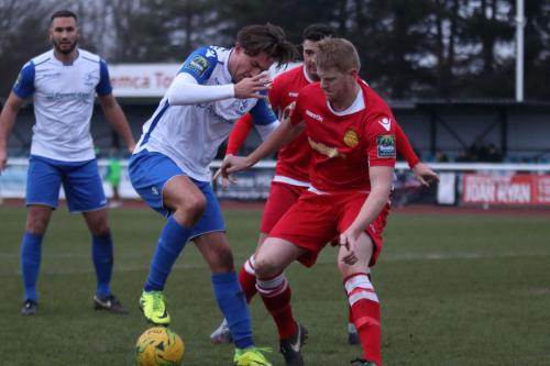 Enfields Sam Youngs (white,R) and  Mat Mitchel-King and Mersthams Liam Horwood (R) and Tom Kavanagh