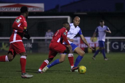 Enfields Simon Thomas and Mersthams Alex Addai and Sean Bonnett-Johnson (L)