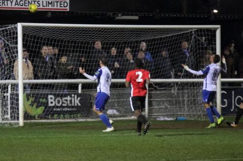 Enfields Liam Hope (9) and Sam Youngs react as the ball flies just over the bar