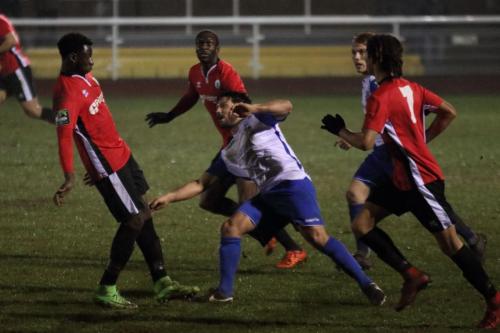 Enfields Mario Noto and (L-R) Burgess Hills Ibrahim Forfana, Stephane  Ngamvoulou and Che Krabbendam
