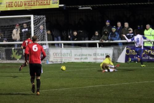 Enfields Sam Youngs beats keeper James Shaw with his cross but cant find a team mate